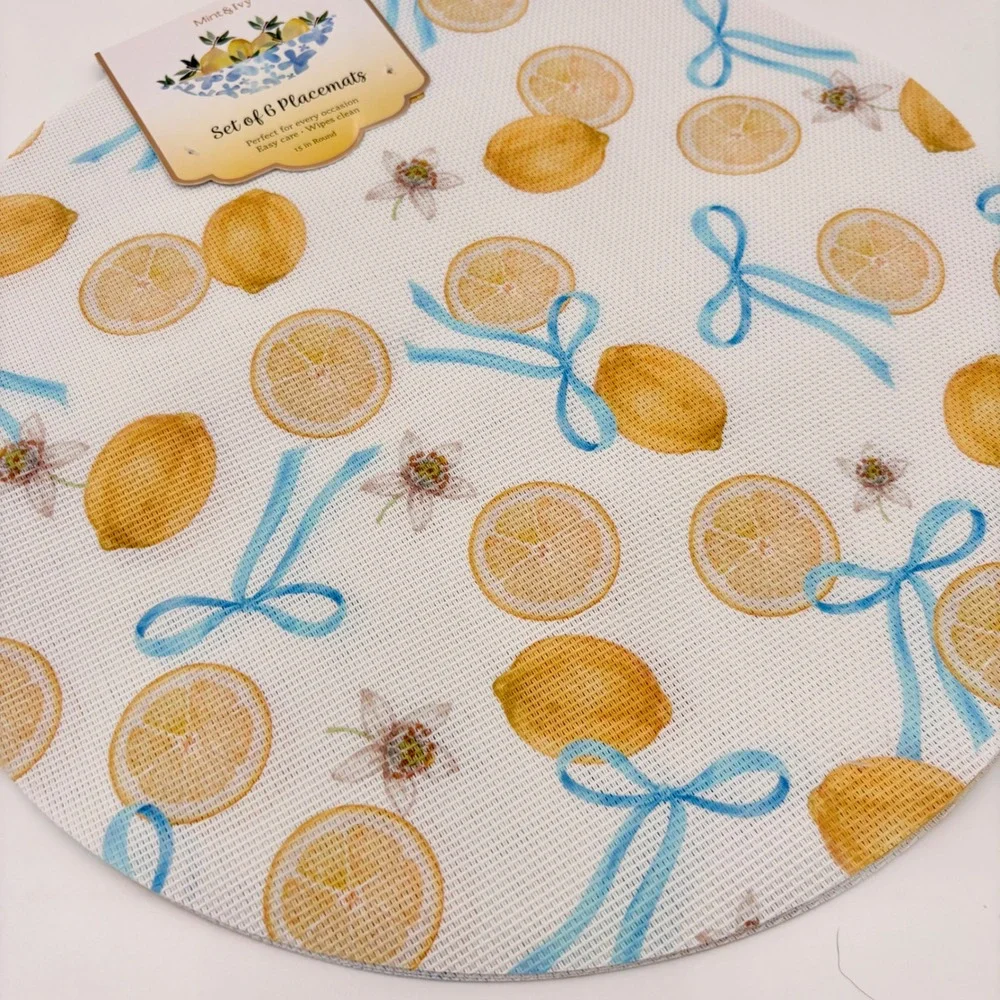 Bright Slice Lemon Tablecloth 60x84 & Mint Ivy‎ 6 Placemats Set Blue Bow Citrus